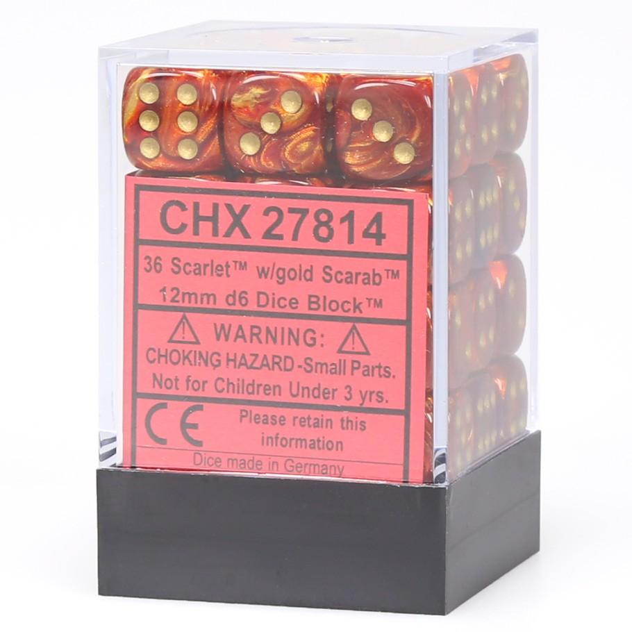 Chessex Scarab™ Scarlet™ with Gold Numbers 12 mm Dice Block (36 dice) in box