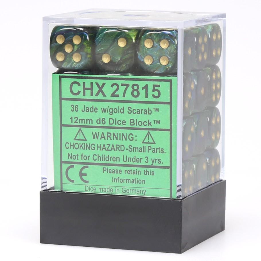 Chessex Scarab™ Jade with Gold Numbers 12 mm Dice Block (36 dice) in box