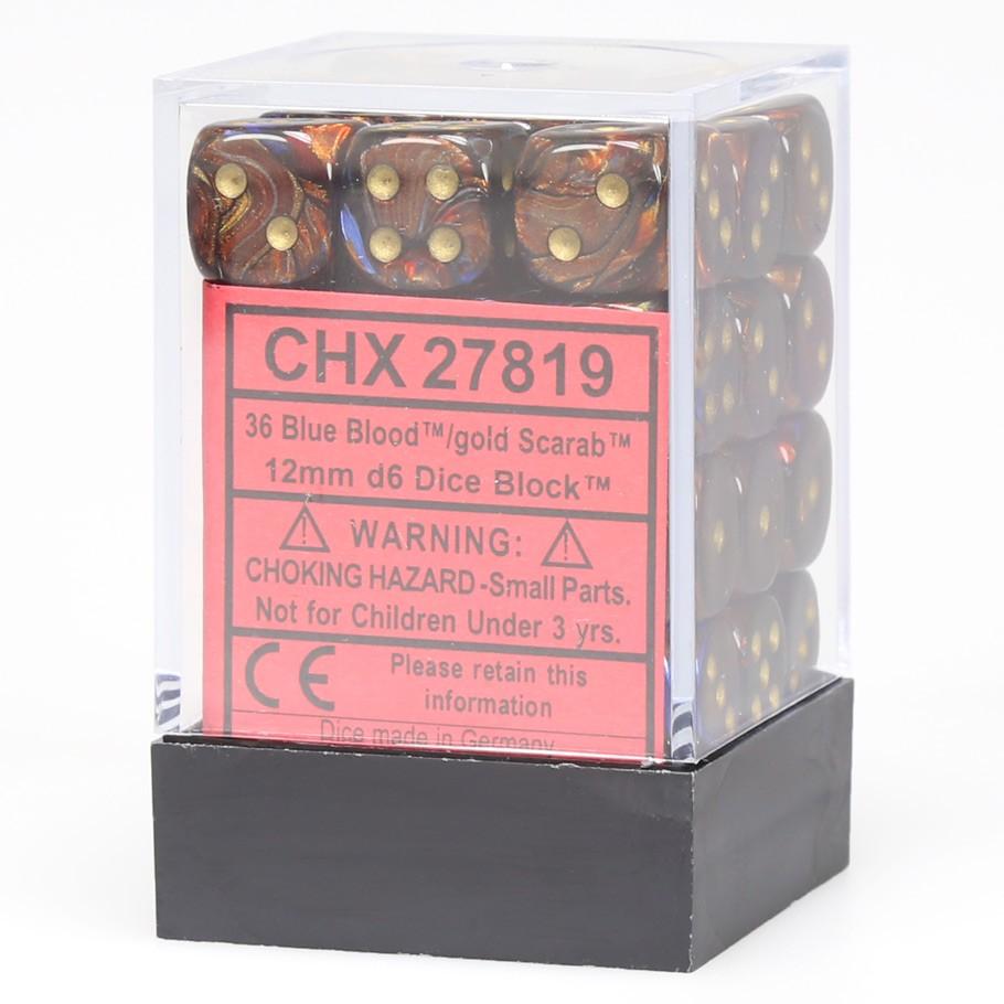 Chessex Scarab™ Blue Blood™ with Gold Numbers 12 mm Dice Block (36 dice) in box