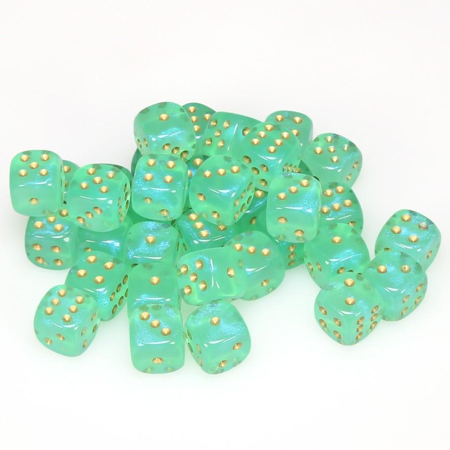 Chessex Borealis™ Light Green with Gold Numbers 12 mm Dice Block (36 dice)