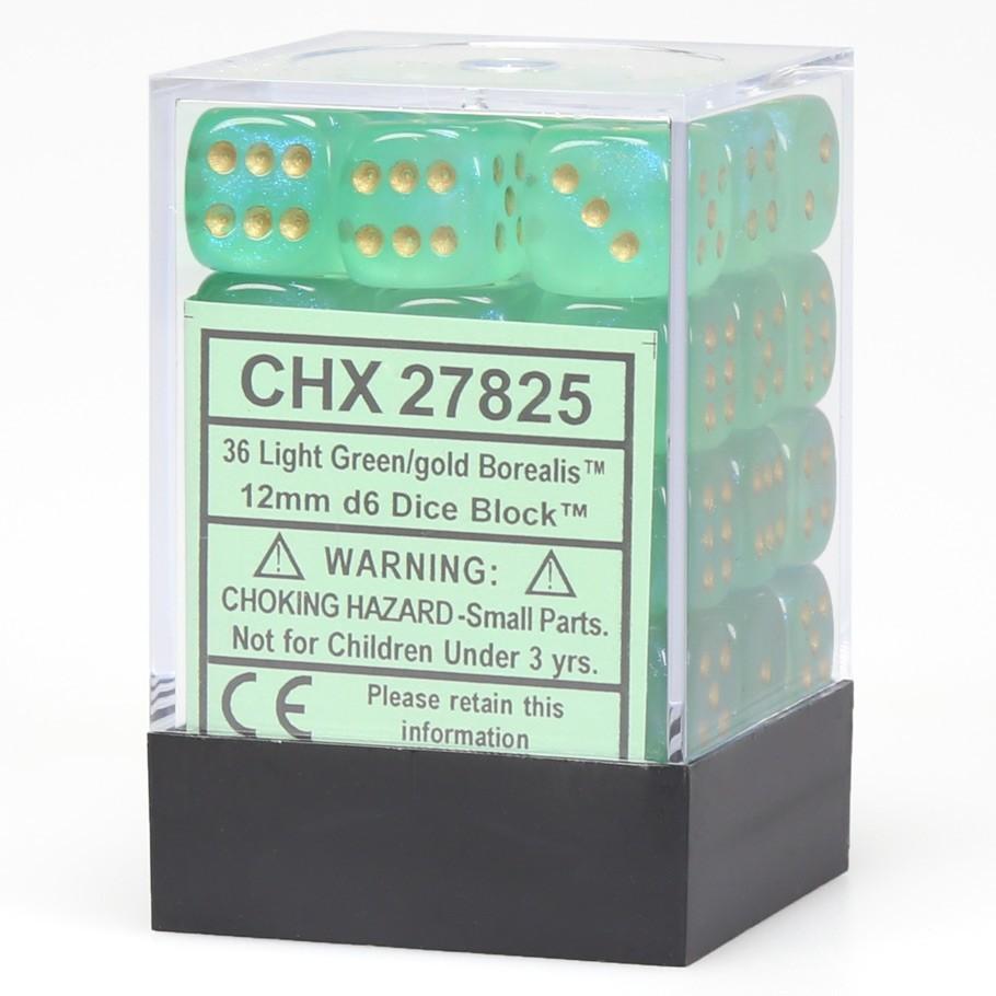 Chessex Borealis™ Light Green with Gold Numbers 12 mm Dice Block (36 dice) in box