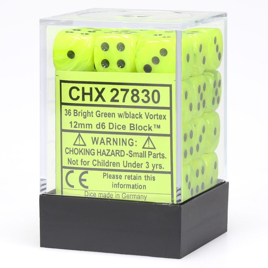 Chessex Vortex Bright Green with Black Numbers 12 mm Dice Block (36 dice) in box