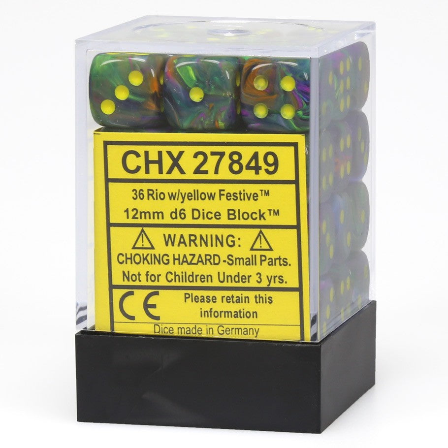 Chessex Festive™ Rio with Yellow Pips 12mm Dice Block (36 dice)