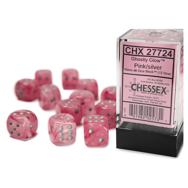 Chessex Ghostly Glow™ Pink with Silver Numbers 16 mm d6 Dice Block (12 dice)