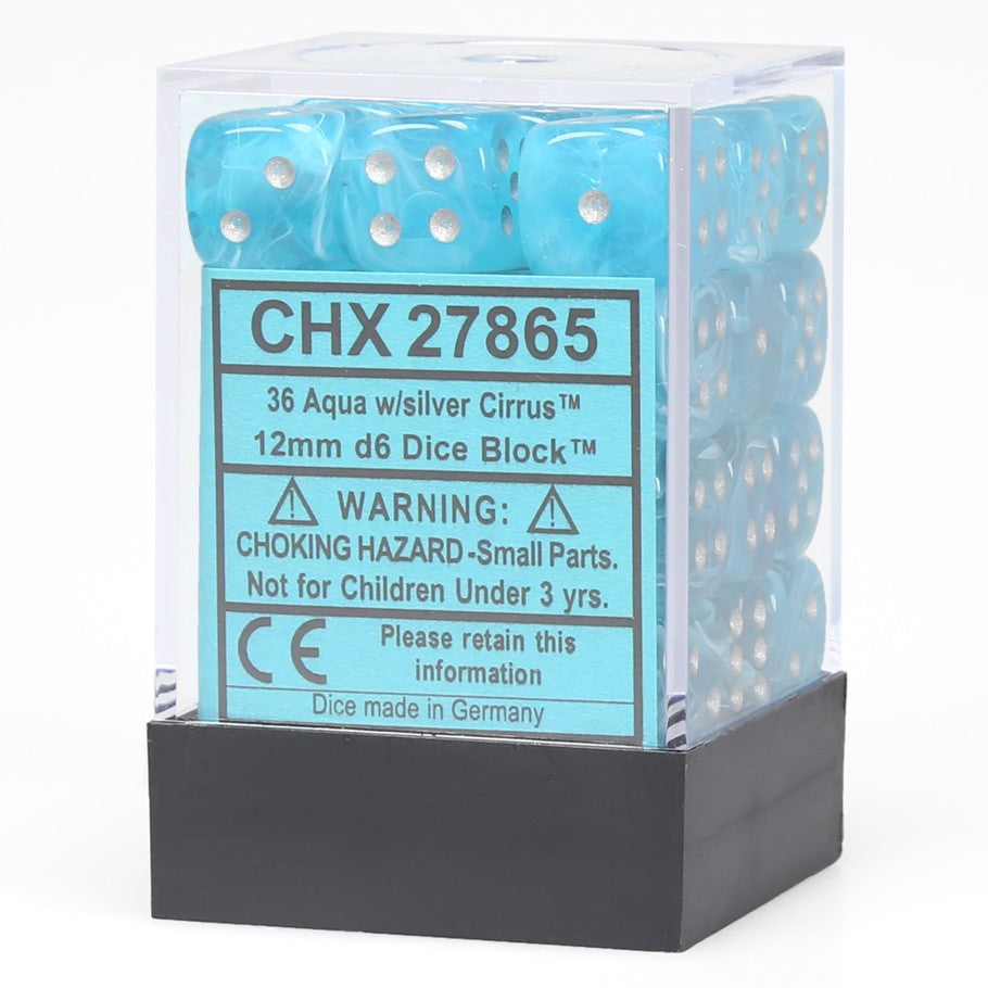 Chessex Cirrus™ Aqua with Silver Pips 12mm Dice Block (36 dice)
