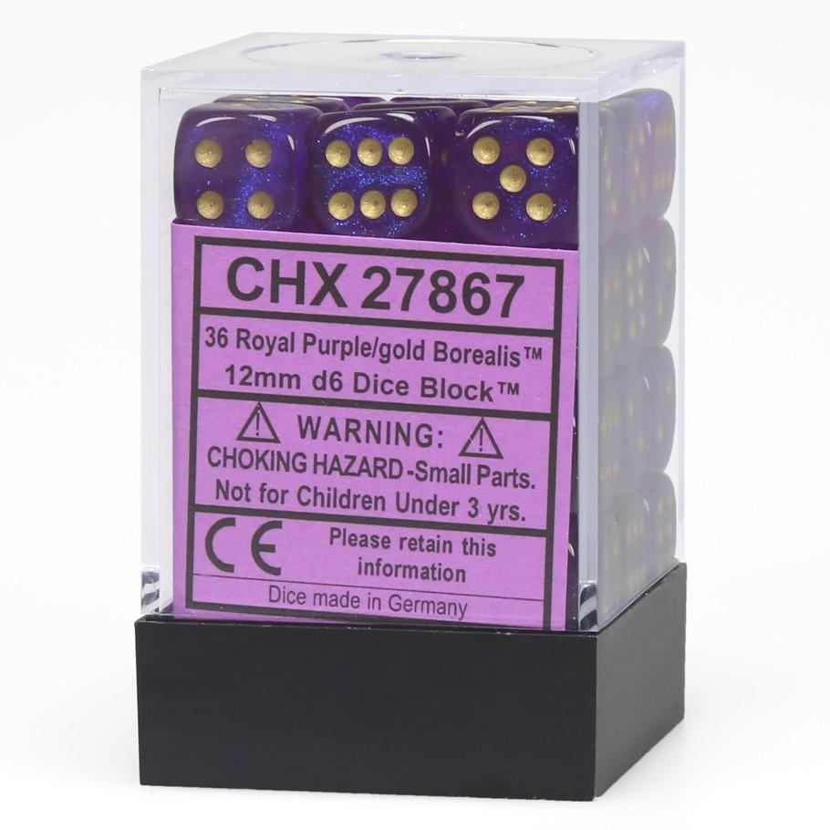 Chessex Borealis™ Royal Purple with Gold Numbers 12 mm Dice Block (36 dice) in box