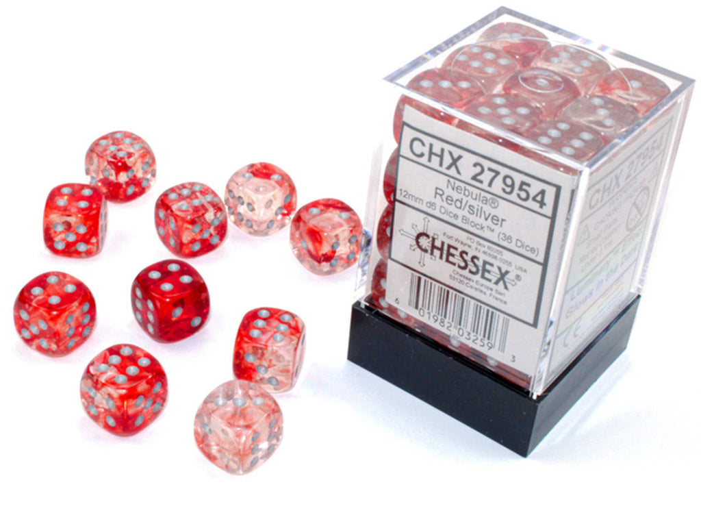 Chessex Nebula Red Luminary with Silver pips 12 mm Dice Block (36 dice)
