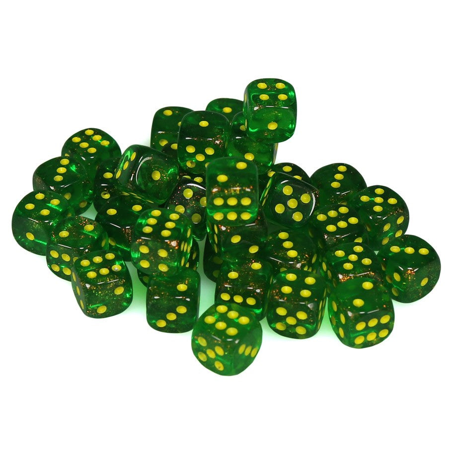 Chessex Borealis Maple Green with Yellow Numbers 12 mm Dice Block (36 dice)
