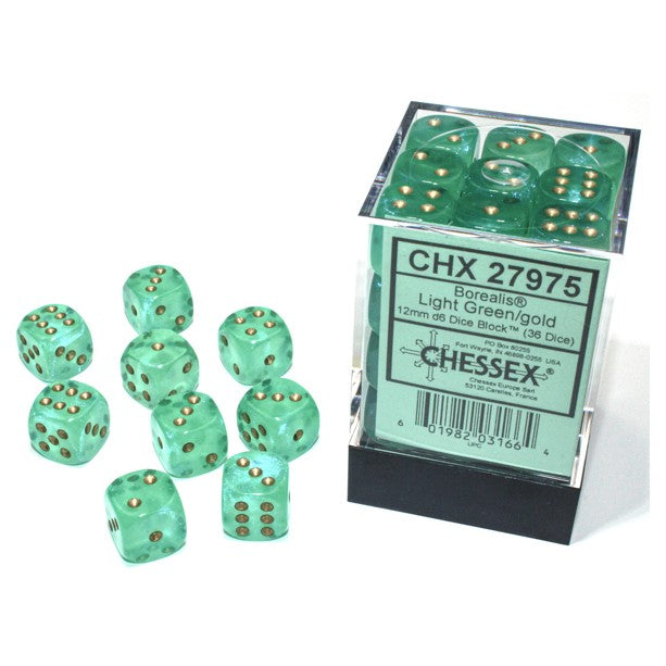 Chessex Borealis Light Green with Gold pips 12 mm Dice Block (36 dice)