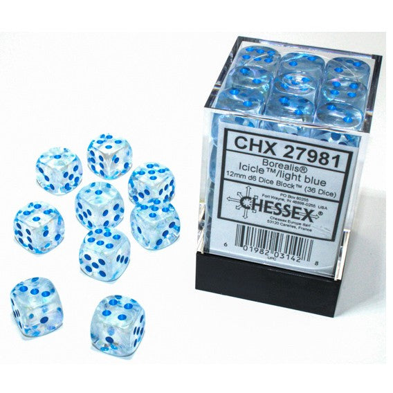 Chessex Borealis Icicle with Light Blue pips 12 mm Dice Block (36 dice)