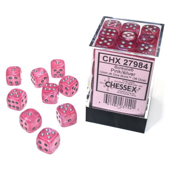 Chessex Borealis Pink with Silver pips 12 mm Dice Block (36 dice)