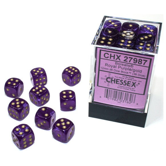 Chessex Borealis Royal Purple with Gold pips 12 mm Dice Block (36 dice)