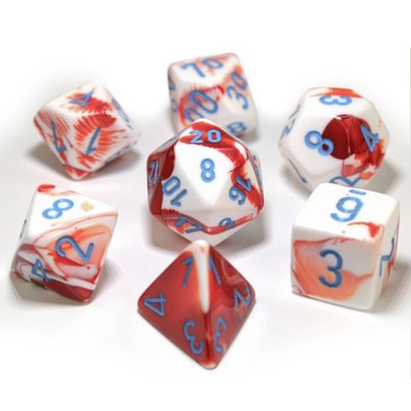 Chessex Lab Dice Gemini: Red and White Polyhedral Dice with Blue Numbers - Set of 7