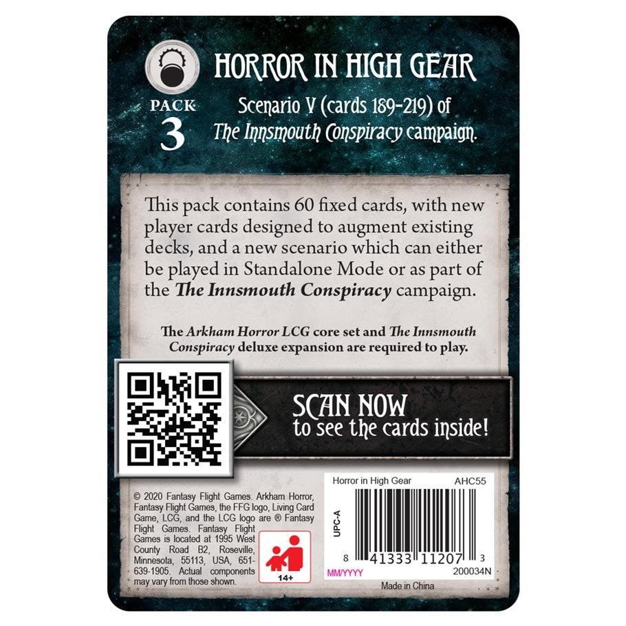 Arkham Horror The Card Game: Horror in High Gear Mythos Pack back