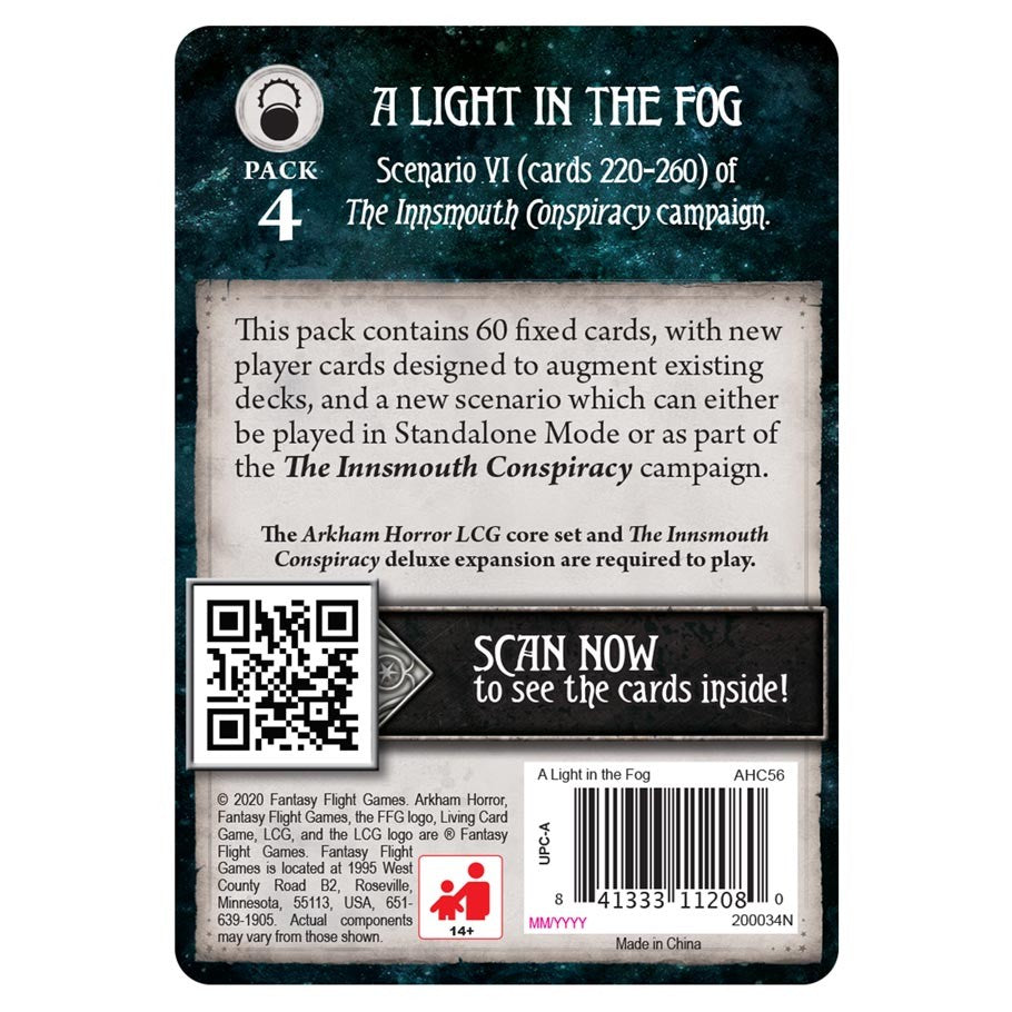 Arkham Horror The Card Game: A Light in the Fog Mythos Pack back of the box